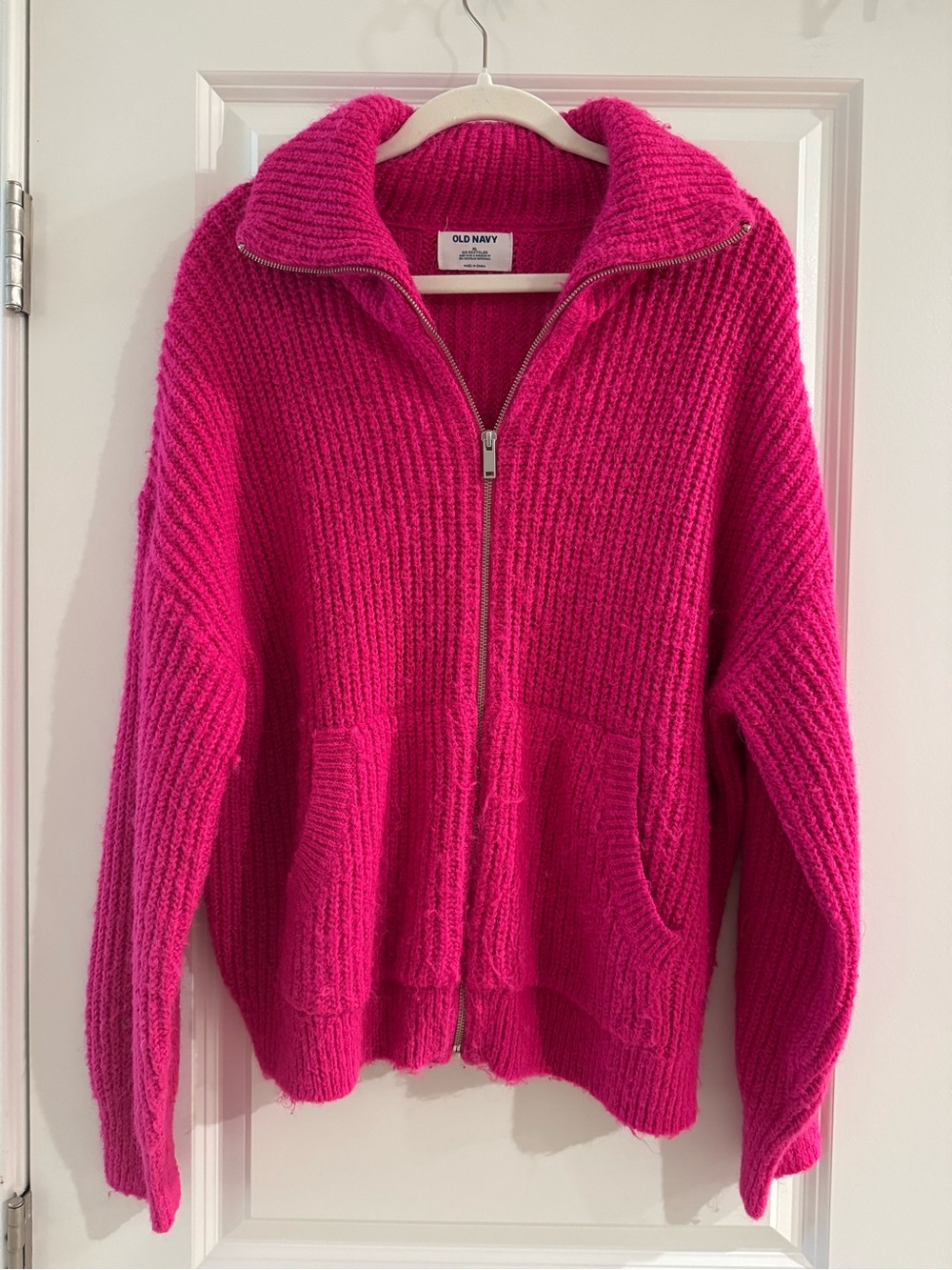 Old Navy Women's Bright Fuchsia Zip-Up Ribbed Cardigan